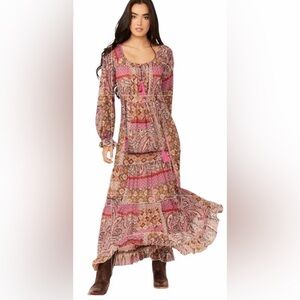 NWT Molly Bracken Boho Patchwork Quilt Maxi Dress in Pink multi Size Medium